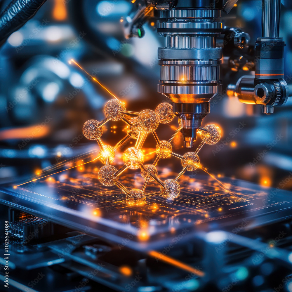 Poster molecular structure is being built in 3d printer, showcasing advanced technology and innovation in m