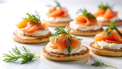 Delicious smoked salmon blinis with cream cheese and fresh dill on white background