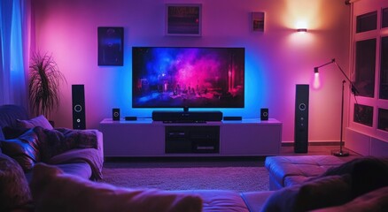 Modern living room with ambient lighting and a large TV displaying vivid colors, creating a cozy and inviting atmosphere.