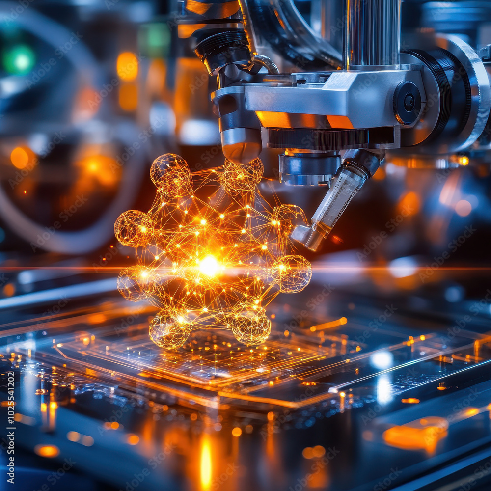 Poster molecular structure is being built in 3d printer, showcasing advanced technology and innovation in s