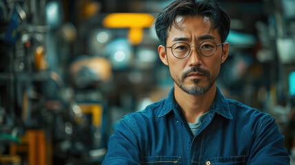 Confident Asian man in a workshop standing with folded arms in a serious pose