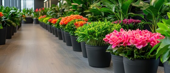 Obraz premium Lush Tropical Interior with Exotic Flowers and Vibrant Greenery for a Fresh and Lively Atmosphere