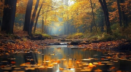 Obraz premium Serene autumn forest scene with a peaceful stream reflecting vibrant fall foliage.