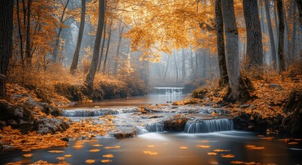 Tranquil autumn creek in a serene forest with golden leaves and misty atmosphere.