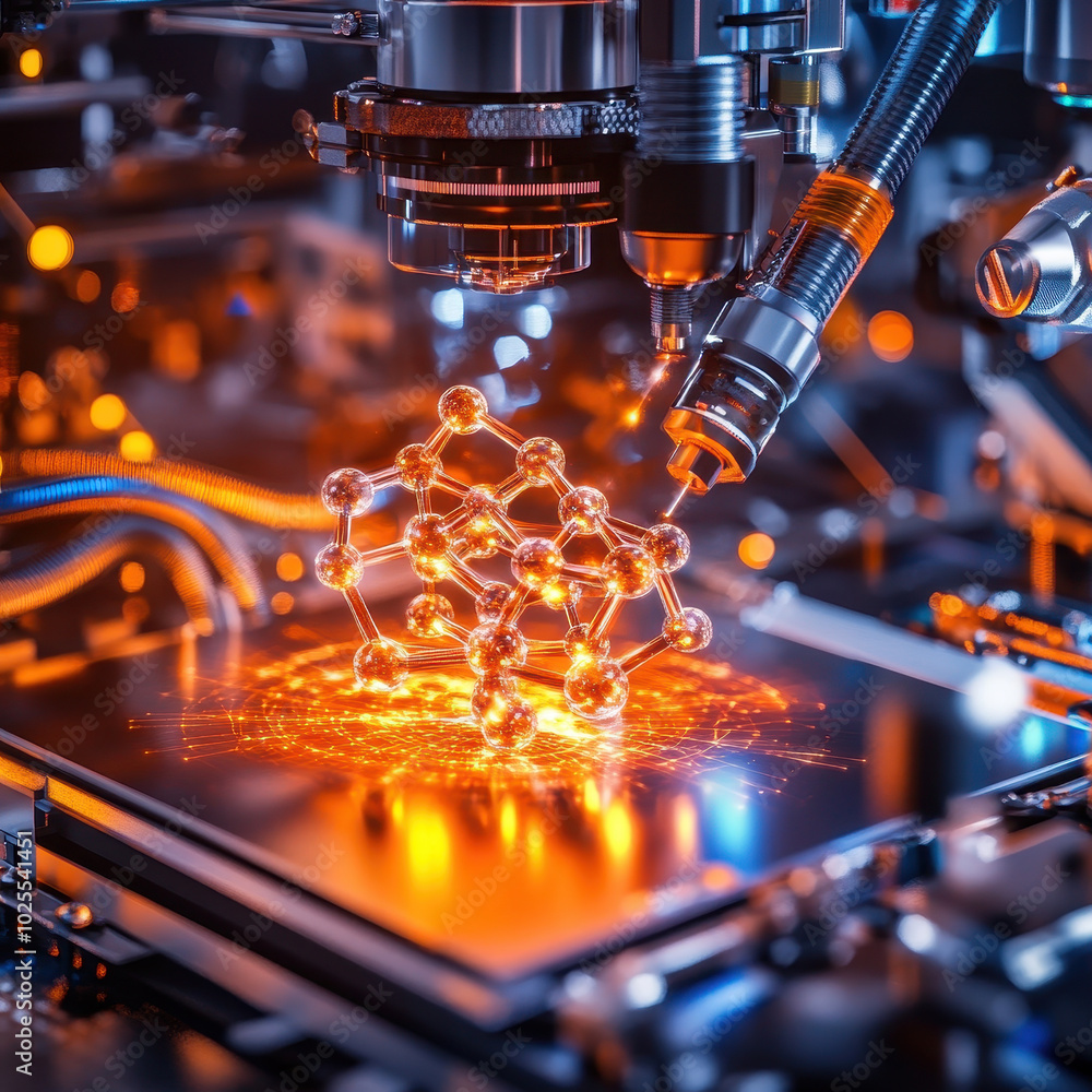 Poster molecular structure is being built in 3d printer, showcasing advanced technology and innovation in m