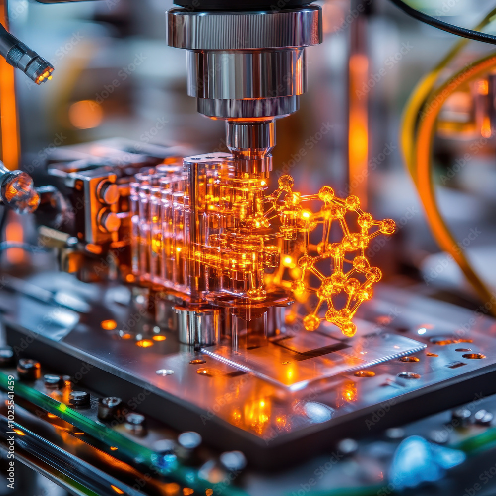 Poster molecular structure being built in 3d printer showcases advanced technology and innovation. intricat
