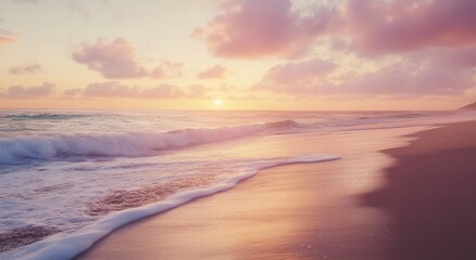 Obraz premium Serene beach at sunset with gentle waves and pastel skies.