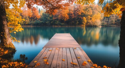 A serene autumn scene with a wooden dock overlooking a calm lake surrounded by vibrant fall foliage.