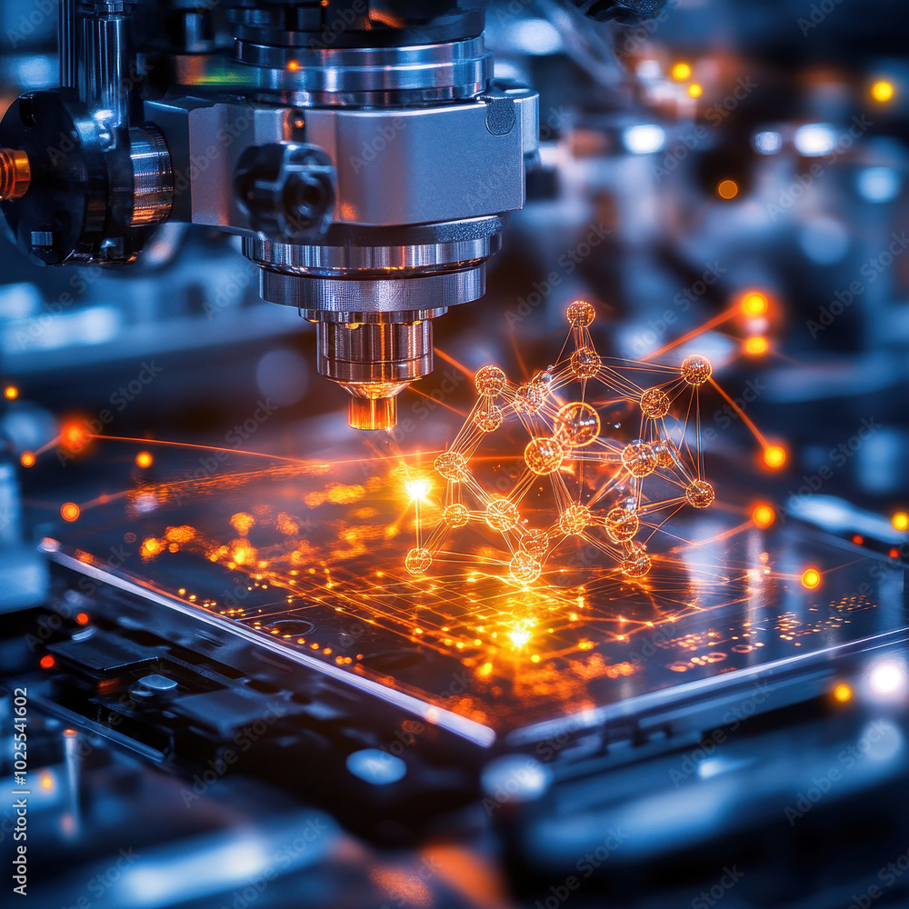 Poster molecular structure is being built in 3d printer, showcasing advanced technology and innovation in m