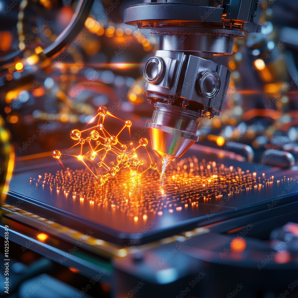 Poster molecular structure is being built in 3d printer, showcasing advanced technology and innovation in m