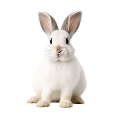 Fototapeta premium A cute white rabbit with gray markings sitting calmly against a plain background, showcasing its fluffy fur and alert expression