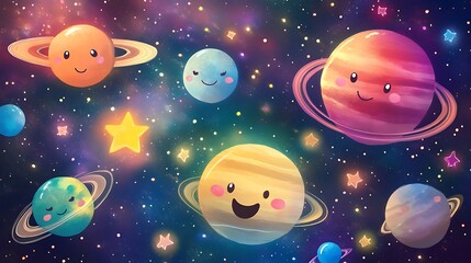 Whimsical Galaxy Theme with Smiling Planets and Stars