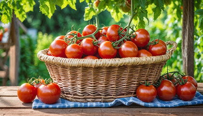 Tomatoes in basket on table and some tomatoes are placed on wood around the basket natural...