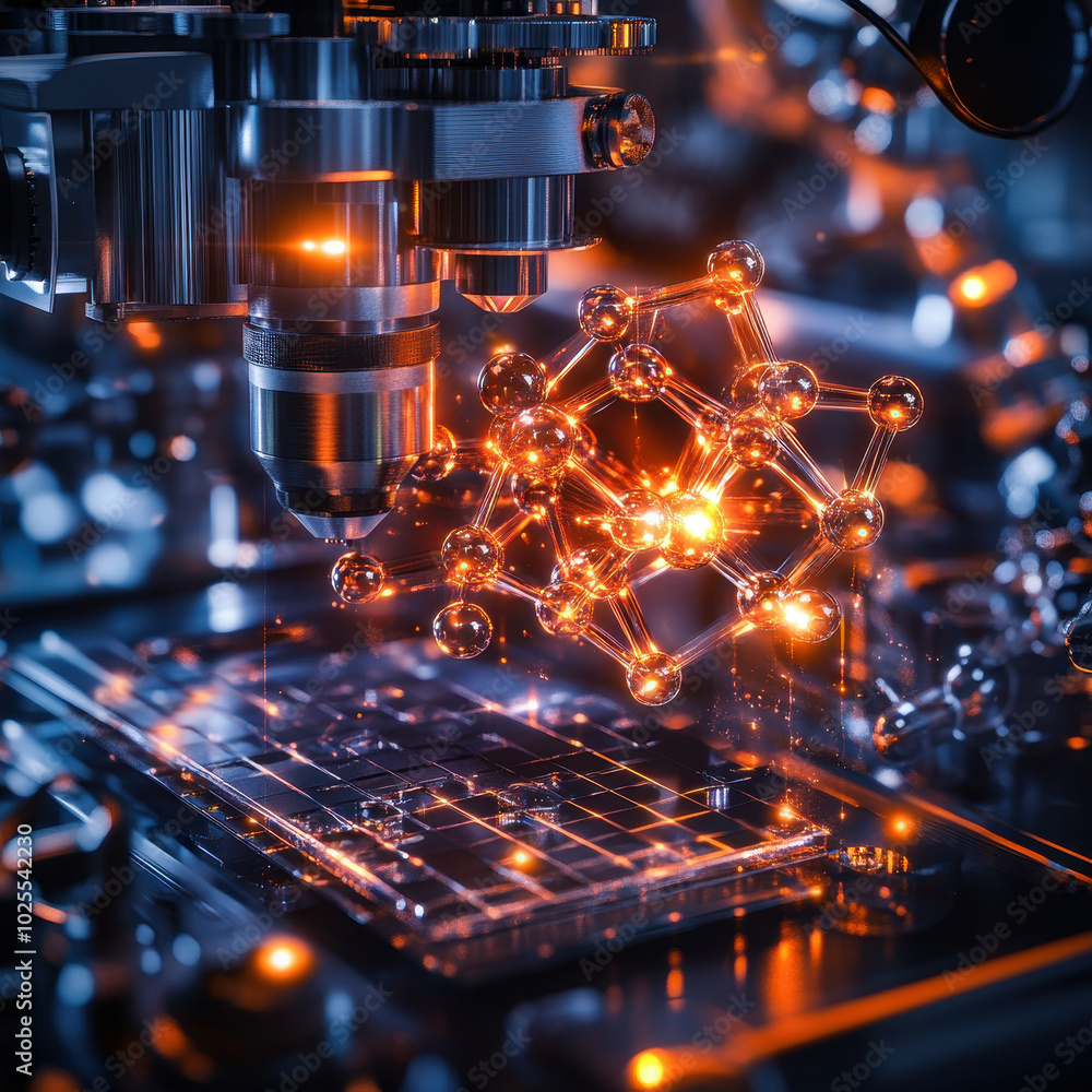 Poster molecular structure is being built in 3d printer, showcasing advanced technology and innovation in m