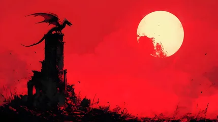 Canvas schilderij Rood Majestic Dragon Perched on Crumbling Tower under Fiery Red Moon in Minimalist Pop Art Style  © Khukrit