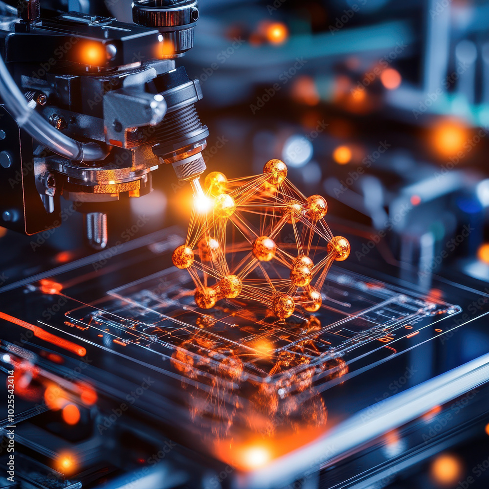 Poster molecular structure being built in 3d printer, showcasing intricate designs and glowing elements. sc