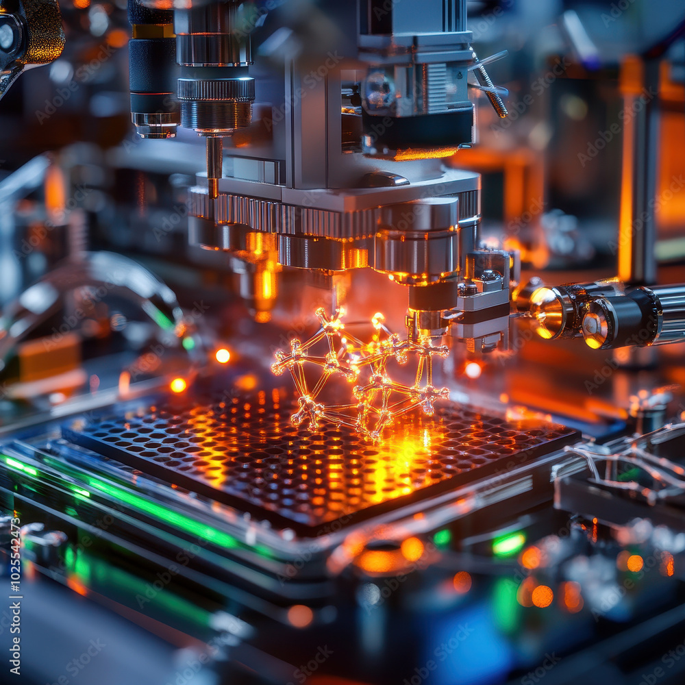 Poster molecular structure is being built in 3d printer, showcasing advanced technology and innovation in v