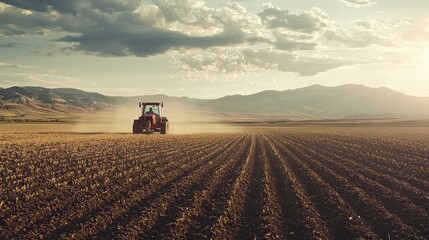 Obraz premium Automated Farming Scene with Tractor at Sunset