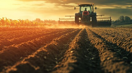 Fototapeta premium Automated Farming Scene at Sunset in Rural Landscape
