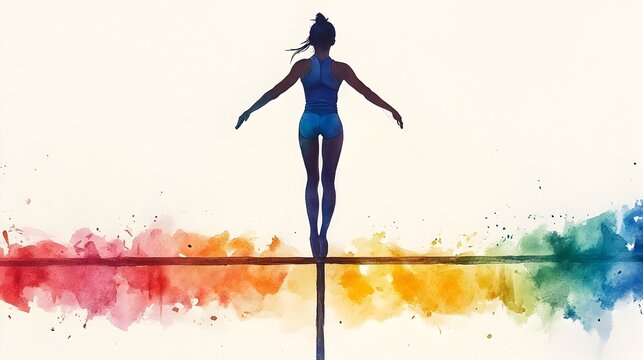 Silhouetted Gymnast on Parallel Bars in Vibrant Watercolor Backdrop
