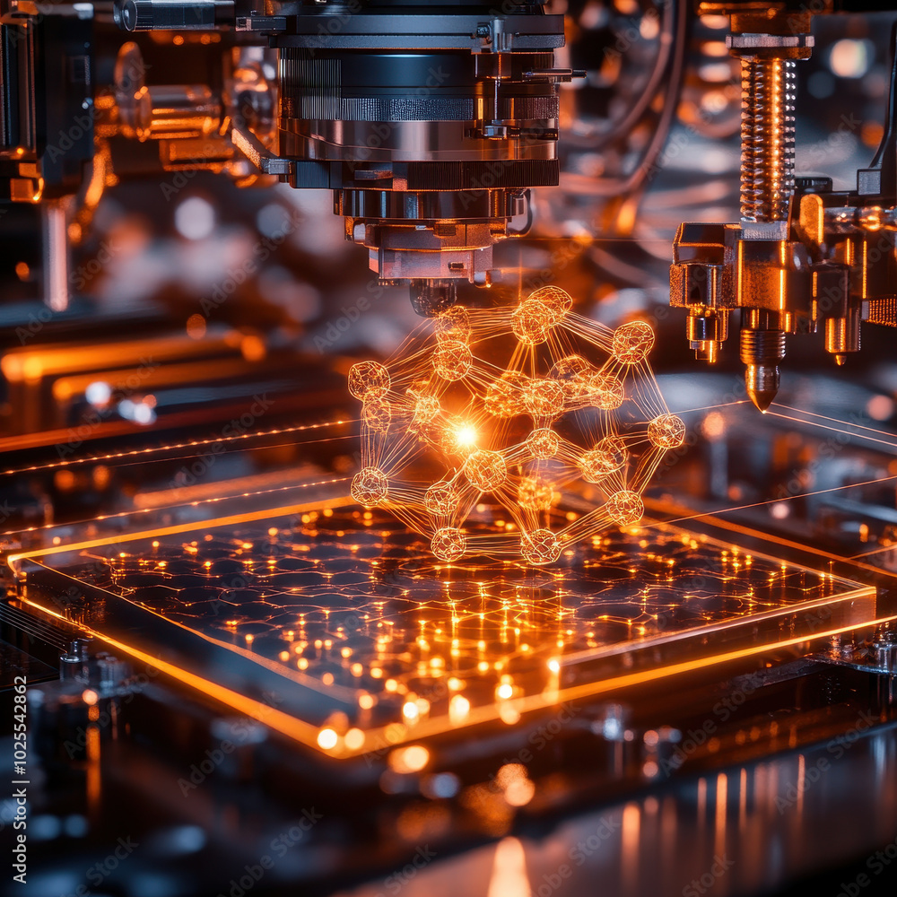Poster molecular structure is being built in 3d printer, showcasing advanced technology and innovation in m