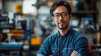 Fototapeta premium Confident Asian man in a workshop standing with folded arms in a serious pose