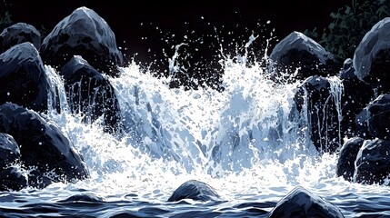 Fototapeta premium Powerful Waterfall Splash Against Rugged Rocks in Natural Landscape