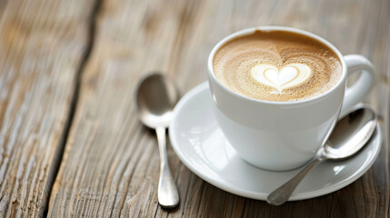 perfect latte with heart design in foam, served in white cup on rustic wooden table, evokes warmth and comfort