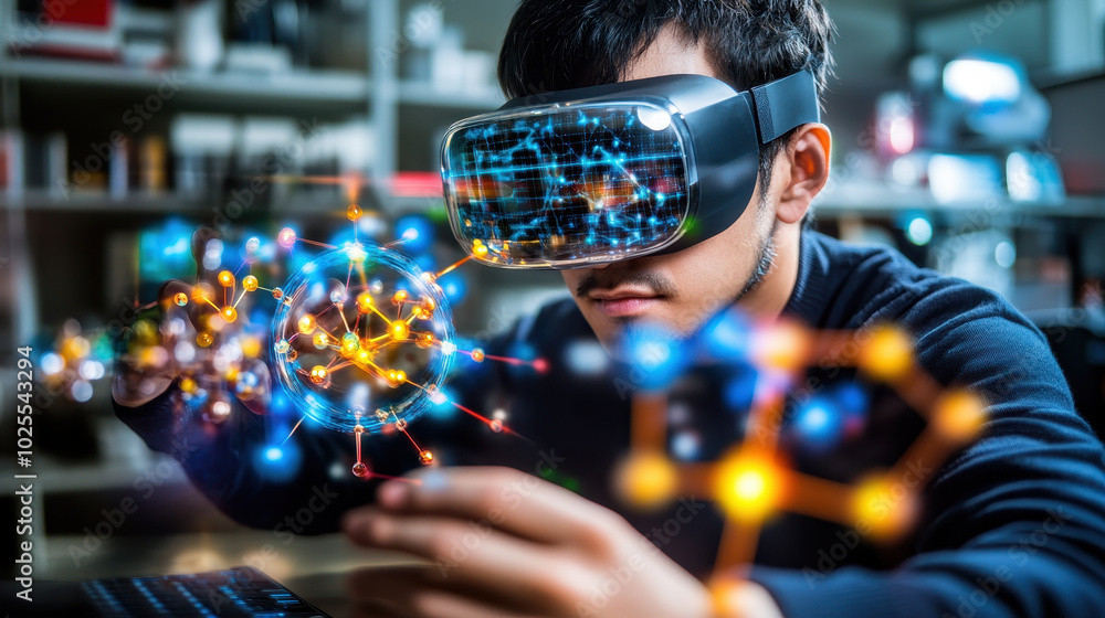 Poster pharmaceutical researcher is immersed in augmented reality, exploring complex data visualizations an