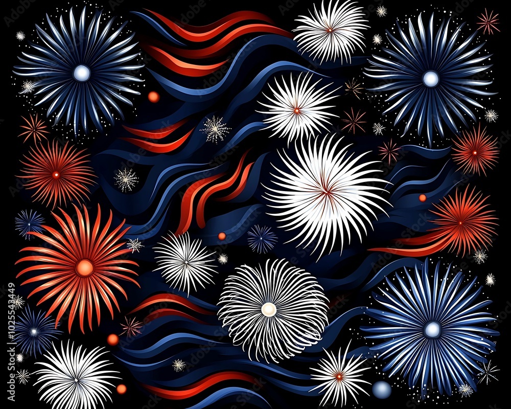 Poster a vibrant display of fireworks in bold colors against a dark background, creating a festive atmosphe