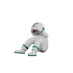 3D Space Astronaut Male. A male astronaut sits on the floor with both hands above his head. Professional Illustration