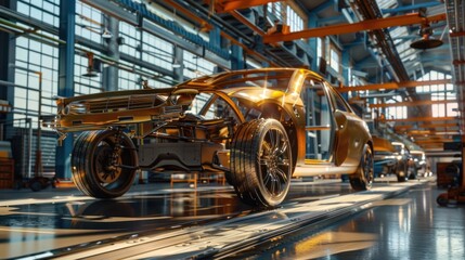 Fototapeta premium A Gold Car Body Being Assembled on a Conveyor Belt in a Factory