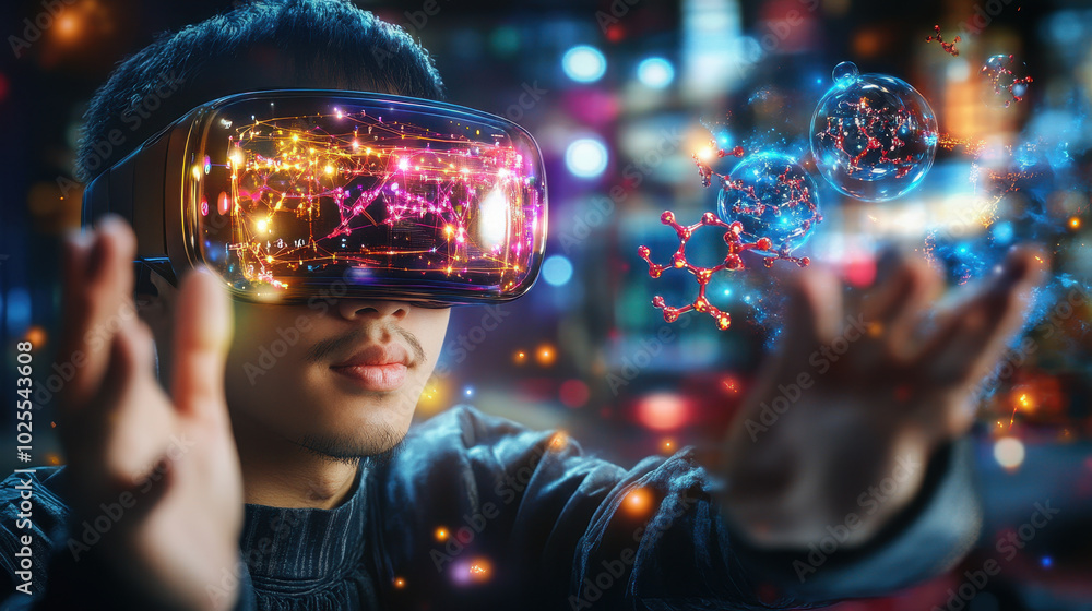 Poster pharmaceutical researcher is immersed in augmented reality, exploring molecular structures and data 