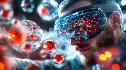 pharmaceutical researcher is using augmented reality technology to explore molecular structures, showcasing innovation in scientific research. immersive experience highlights intersection of