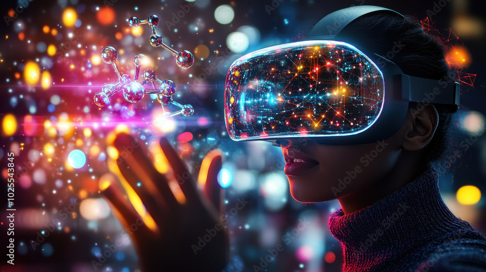 Poster pharmaceutical researcher is immersed in augmented reality, exploring molecular structures with virt