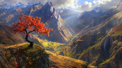 Autumnal Mountain Landscape with Vibrant Red Tree