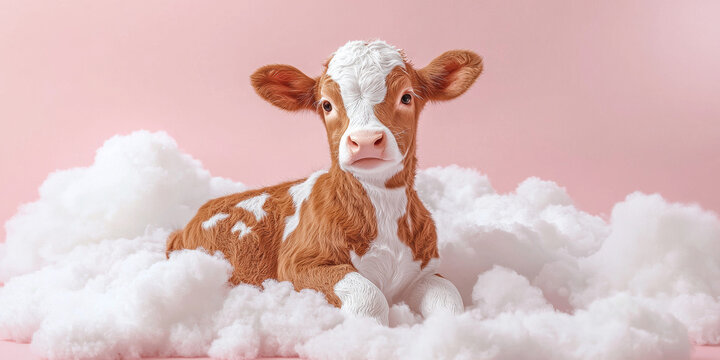 Cute baby calf sitting in white clouds on a pink background, generative AI