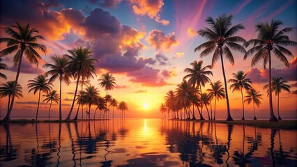 Depth of field abstract sunset landscape with palm trees