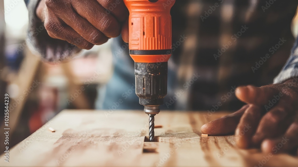Poster hands using power drill for assembly tasks