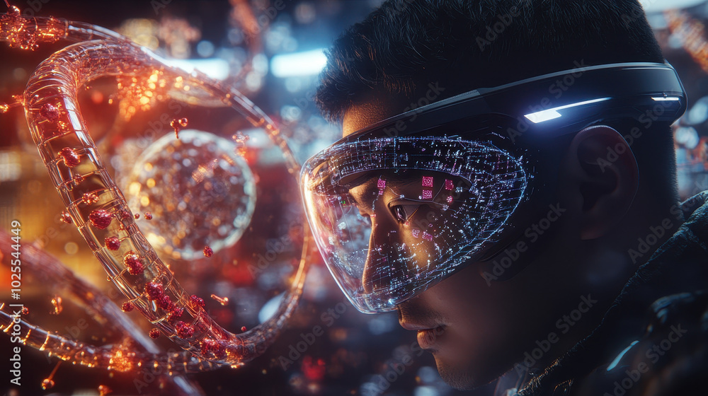 Poster pharmaceutical researcher using augmented reality technology to visualize complex data in futuristic