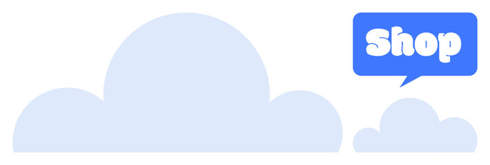 Blue speech bubble with Shop text near light blue cloud shapes. Ideal for digital shopping, e-commerce, online marketplaces, retail promotions, and graphic design. Simple, clean, modern style