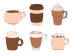 Set of cups with coffee. Cappuccino, latte, espresso. Flat vector illustration.