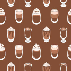 Seamless pattern with cappuccino cups. Flat vector illustration.