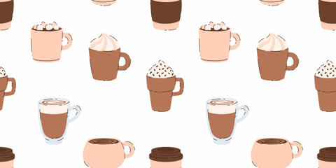 Seamless pattern with cups of coffee. Flat vector illustration.