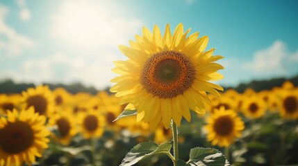 Fototapeta premium A single sunflower in a field of sunflowers, with the sun shining in the background.