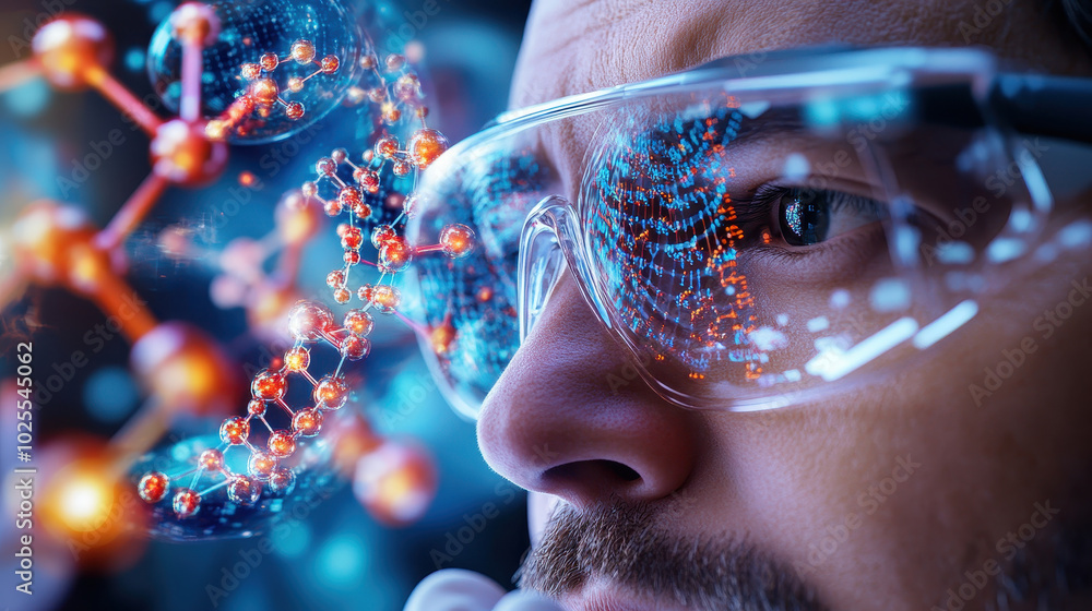 Poster pharmaceutical researcher is focused on molecular structures while using augmented reality technolog