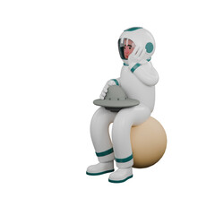 3D Male Astronaut in Action. A male astronaut sits on the moon holding a miniature uvo while his right hand holds the uvo and his left hand holds his cheek. Professional Space