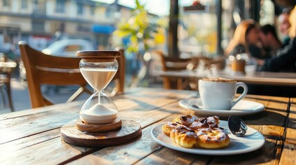 Cozy Hourglass Scene with Coffee and Pastries