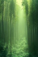 Naklejka premium A misty bamboo forest, the tall stalks creating a serene and otherworldly atmosphere.