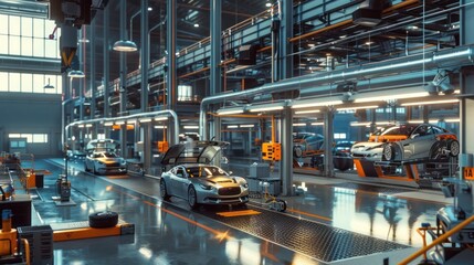 Naklejka premium Modern Car Assembly Line in a Futuristic Factory